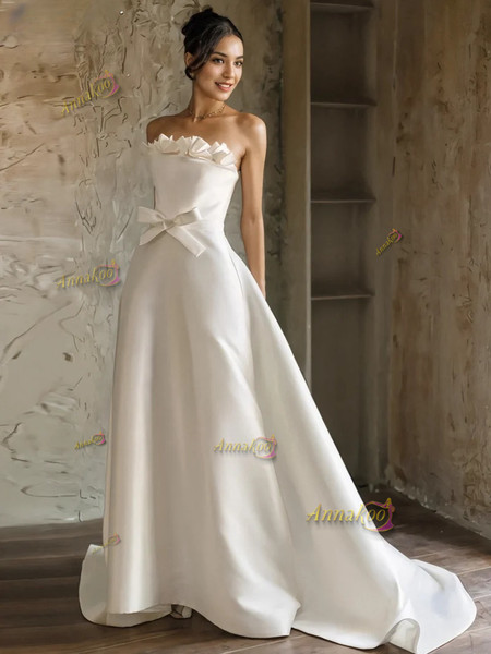 Shop 2024 ANNAKOO Satin A Line Bow Strapless Sweep Train Wedding Dress Under 189