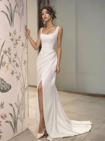 Shop 2024 ANNAKOO Square A Line Satin Draped Wedding Dress With Slit Under 159