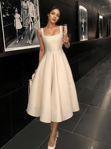Shop 2024 ANNAKOO  Square Neck Satin Tea Length White Short Wedding Dress Under 129