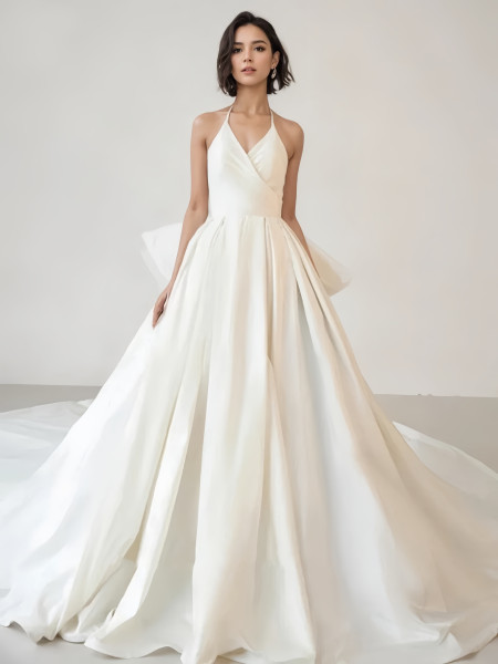 Shop 2024 ANNAKOO Halter Satin A Line Bow White Wedding Dress Under 169