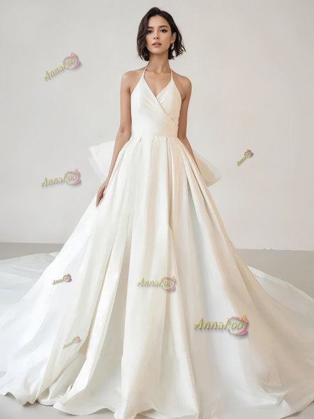 Shop 2024 ANNAKOO Halter Satin A Line Bow White Wedding Dress Under 169