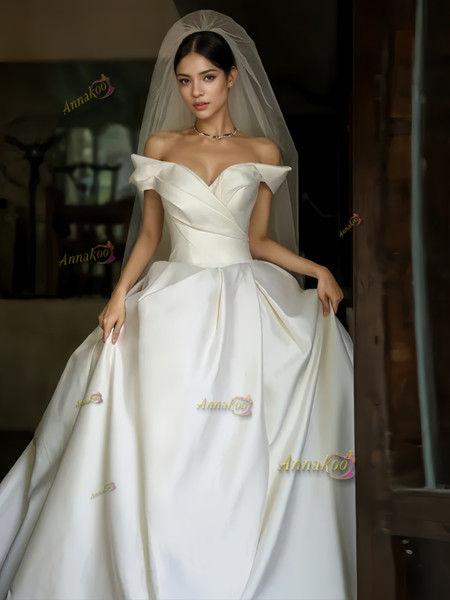 Shop 2024 ANNAKOO Off The Shoulder Ruched A Line White Wedding Dress Under 189