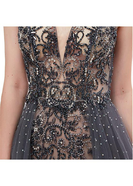  Rhinestones Satin V-neck Long Mermaid Evening Dress