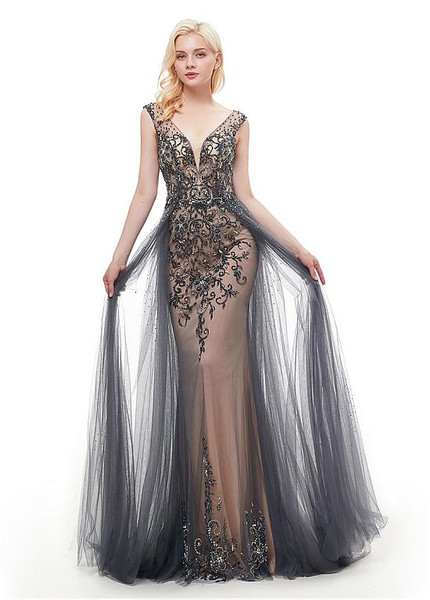  Rhinestones Satin V-neck Long Mermaid Evening Dress