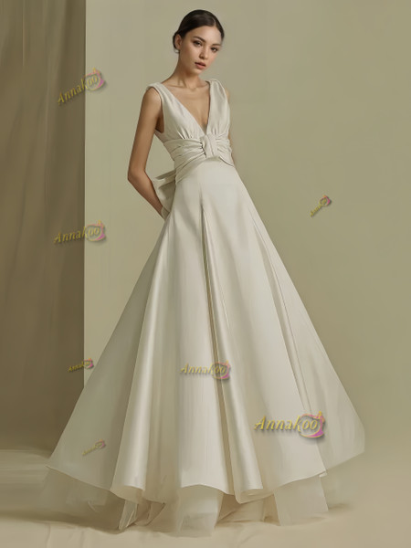 Shop 2024 ANNAKOO V Neck Tulle Ruched Satin A Line White Wedding Dress Under 189