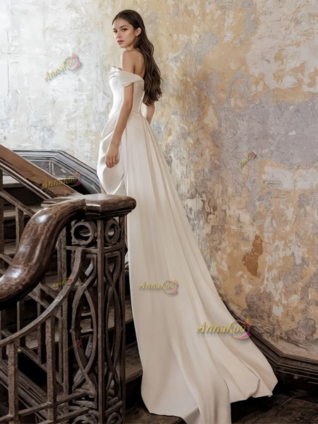 Shop 2024 ANNAKOO  Off The Shoulder High Low Ruched Satin A Line White Wedding Dress uNDER 159