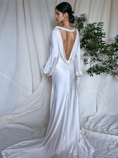 Shop 2024 Annakoo Elastic Satin Long Sleeve Backless White Wedding Dress Under 189