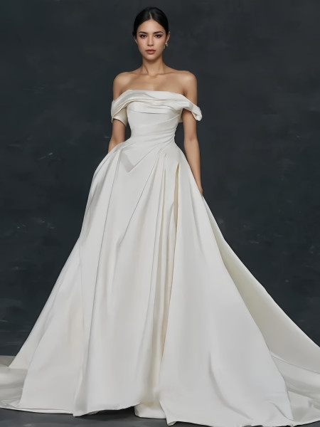 Shop 2024 ANNAKOO Off The Shoulder White Satin A Line Wedding Dress With Pockets Under 198