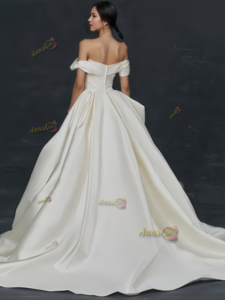 Shop 2024 ANNAKOO Off The Shoulder White Satin A Line Wedding Dress With Pockets Under 198