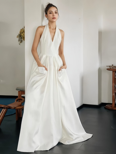 Shop 2024 ANNAKOO V Neck Satin A Line Wedding Dress With Pockets Under 195