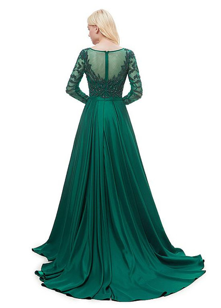 Satin Bateau Neckline Green Long Sleeve A-line Formal Dress