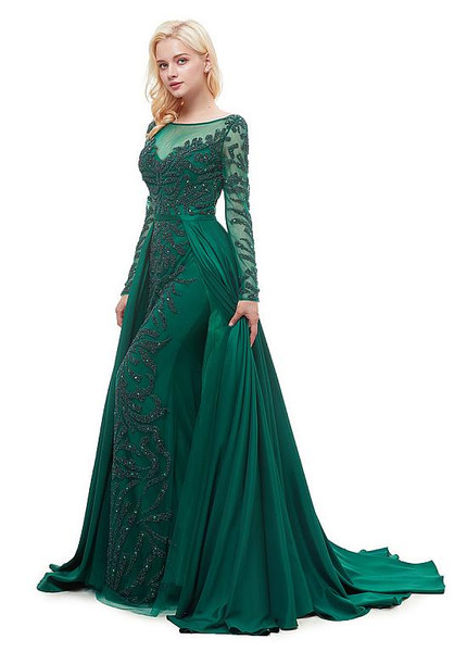 Satin Bateau Neckline Green Long Sleeve A-line Formal Dress