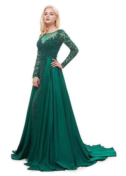 Satin Bateau Neckline Green Long Sleeve A-line Formal Dress