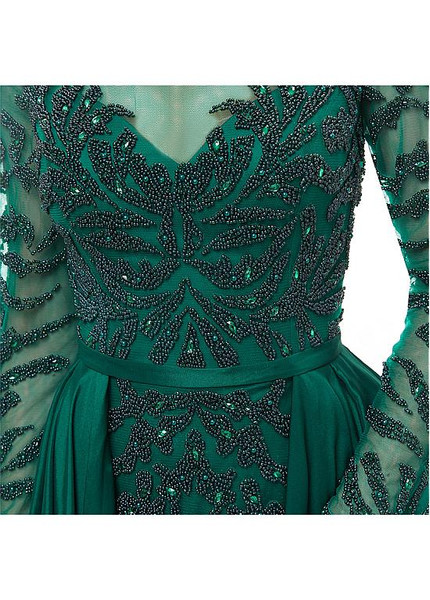 Satin Bateau Neckline Green Long Sleeve A-line Formal Dress