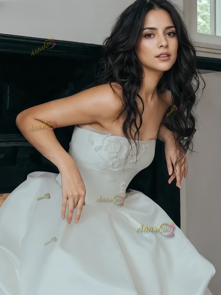 Shop 2024 ANNAKOO Strapless Tulle A Line Satin Ruched Beading Wedding Dress Under 298