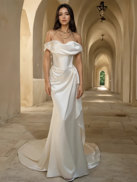 Shop 2024 ANNAKOO  Satin Trumpet Mermaid Off The Shoulder Ruched Wedding Dress Under 189