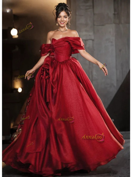 Shop 2024 ANNAKOO Sparkle Tulle Off The Shoulder Burgundy Flower Prom Dress Under 189