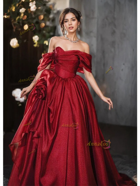 Shop 2024 ANNAKOO Sparkle Tulle Off The Shoulder Burgundy Flower Prom Dress Under 189
