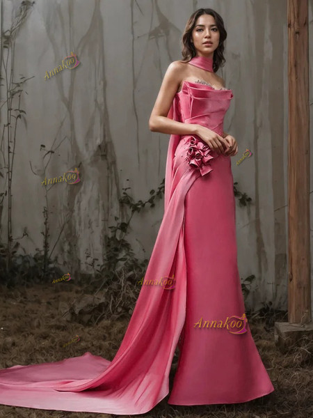 Shop 2025 Pink Strapless Ruched Flower Trumpet Mermaid Satin Prom Dress With Slit Under 249