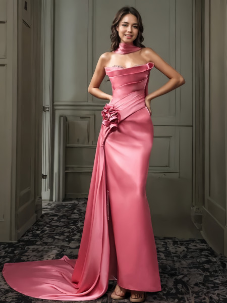 Shop 2025 Pink Strapless Ruched Flower Trumpet Mermaid Satin Prom Dress With Slit Under 249