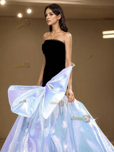Shop 2024 ANNAKOO Strapless Black Blue Trumpet Mermiad Organza Prom Dress With Bow Under 249