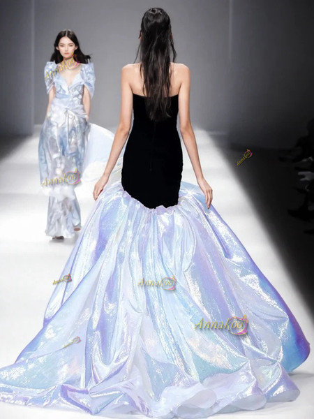 Shop 2024 ANNAKOO Strapless Black Blue Trumpet Mermiad Organza Prom Dress With Bow Under 249