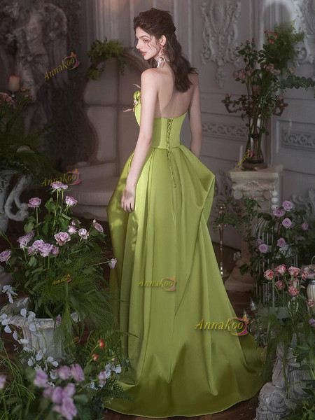 Shop 2024 ANNAKOO Green Satin Strapless Ruched A Line Flower Prom Dress Under 189