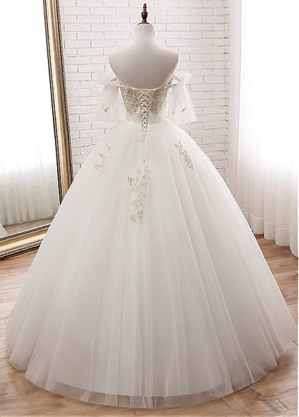 Tulle Off-the-shoulder Gold Appliques Ball Gown Wedding Dress