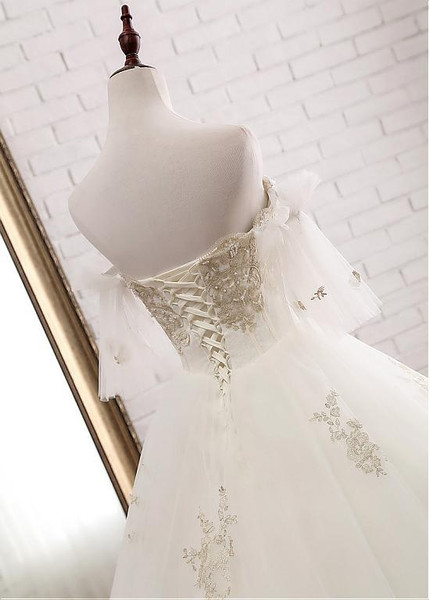 Tulle Off-the-shoulder Gold Appliques Ball Gown Wedding Dress