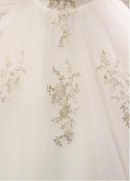 Tulle Off-the-shoulder Gold Appliques Ball Gown Wedding Dress