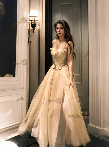Shop 2024 ANNAKOO Champagne Tulle A Line Flowers Prom Dress With Slit Under 169