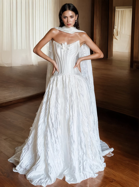 Shop 2025 ANNAKOO White Flower Strapless Satin A Line Wedding Dress With Shawl Under 189