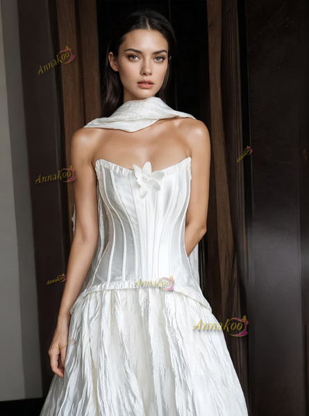 Shop 2025 ANNAKOO White Flower Strapless Satin A Line Wedding Dress With Shawl Under 189