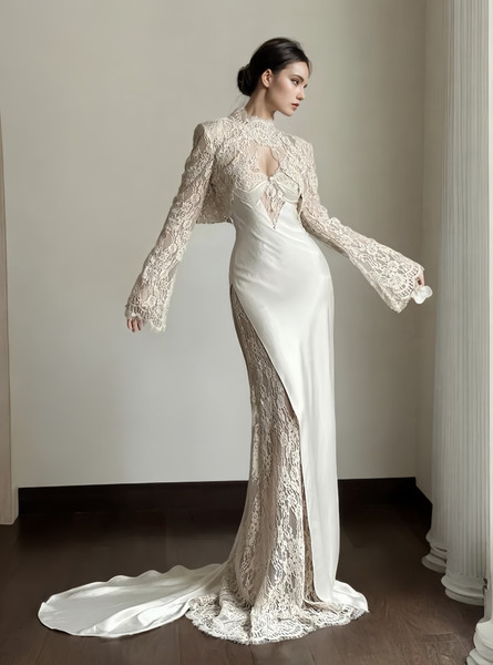 Shop 2025 ANNAKOO Two Piece Long Sleeve Lace Trumpet Mermaid Backless Wedding Dress Under 298