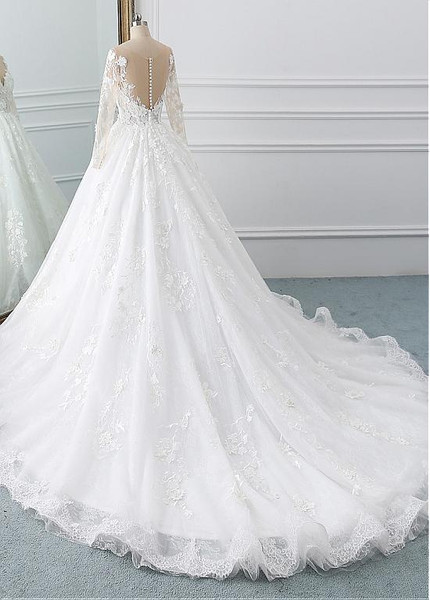 3D Flowers Appliques Lace Scoop Ball Gown Wedding Dress