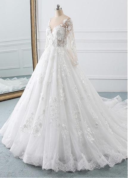 3D Flowers Appliques Lace Scoop Ball Gown Wedding Dress