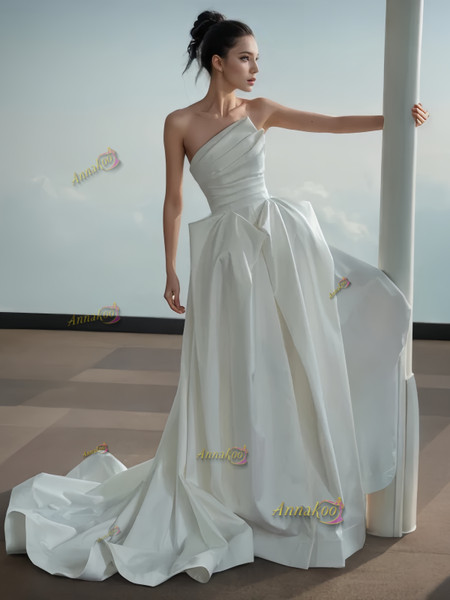 Shop 2024 ANNAKOO Strapless Satin A Line Drape Wedding Dress With Pockets Under 167