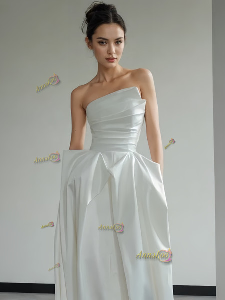 Shop 2024 ANNAKOO Strapless Satin A Line Drape Wedding Dress With Pockets Under 167