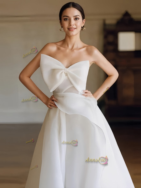 Shop 2024 ANNAKOO  Bow Tulle Strapless High Low A Line Wedding Dress Under 145