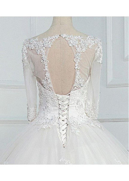 Half Sleeve Tulle Bateau Ball Gown Wedding Dress