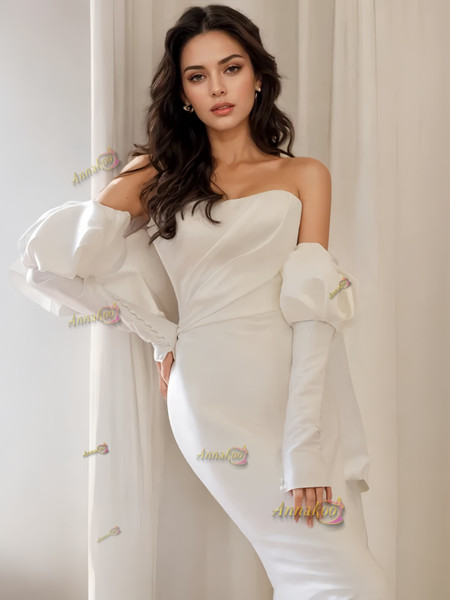 Shop 2024 ANNAKOO Trumpet Mermaid Satin Ruched Long Sleeve Strapless Wedding Dress Under 167