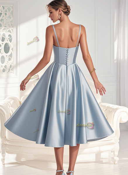 Shop 2025 ANNAKOO Spaghetti Straps Light Blue A Line Satin Prom Dress Under 95