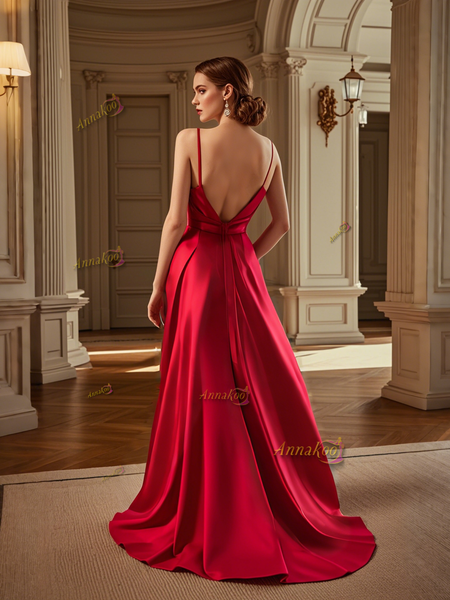 Shop 2025 ANNAKOO Spaghetti Straps Backless Red Satin Prom Dress With Slit Under 149