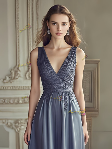 Shop 2025 ANNAKOO Gray V Neck Chiffon Appliques Pleats Prom Dress Under 189