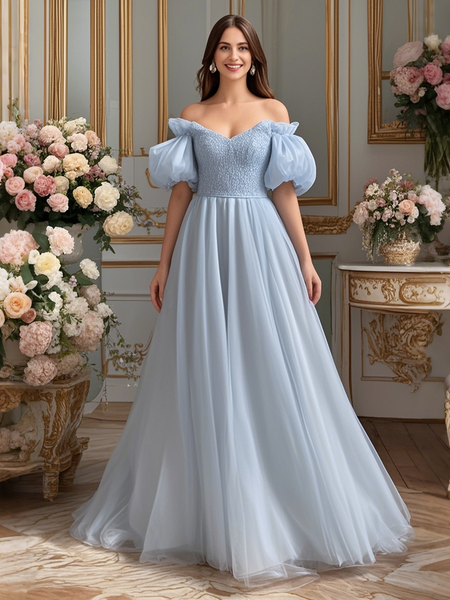 Shop 2024 ANNAKOO Off The Shoulder Puffy Sleeve Tulle Beading Prom Dress Under 279