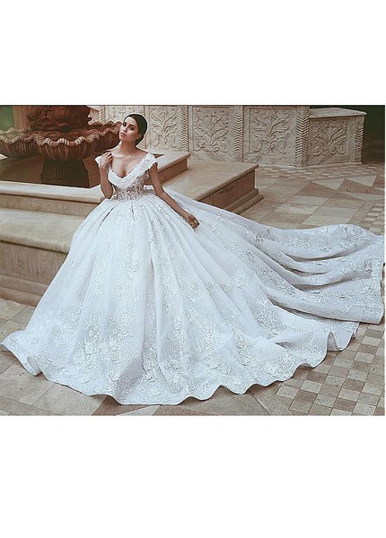 Organza V-neck Long Appliques Ball Gown Wedding Dress