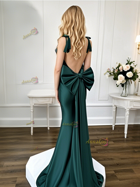 Shop 2025 ANNAKOO Emerald Green Mermaid Tie Shoulder Satin Backless Prom Dress Under 159