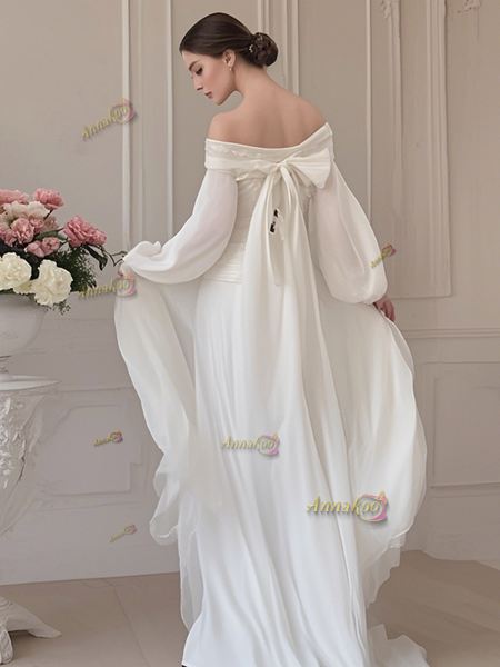 Shop 2025 ANNAKOO White Long Sleeve Pleats Off The Shoulder Chiffon Wedding Dress Under 149