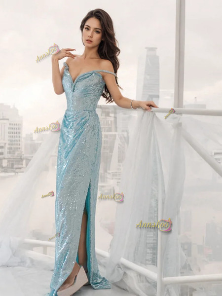 Shop 2025 ANNAKOO Off The Shoulder Light Blue Trumpet Mermaid Sequin Prom Dress Under 139