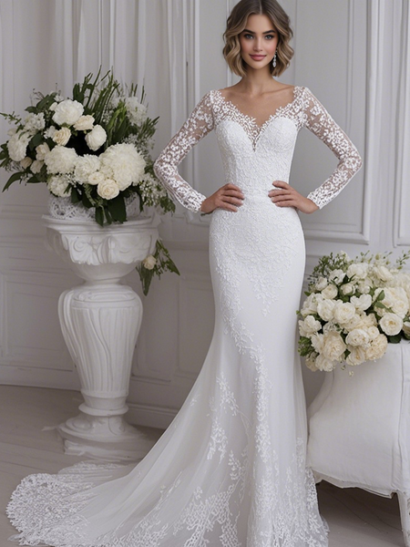 Shop 2025 ANNAKOO Long Sleeve V Neck Trumpet Mermaid Lace Wedding Dress Under 269